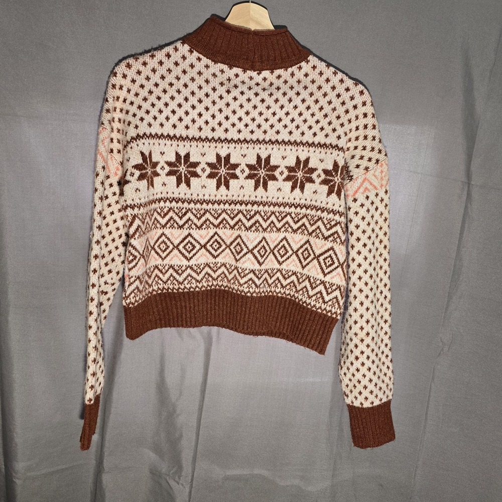 American Eagle Fair Isle Boho Cropped Knit Sweater Brown Ivory Women's XS - Picture 6 of 6